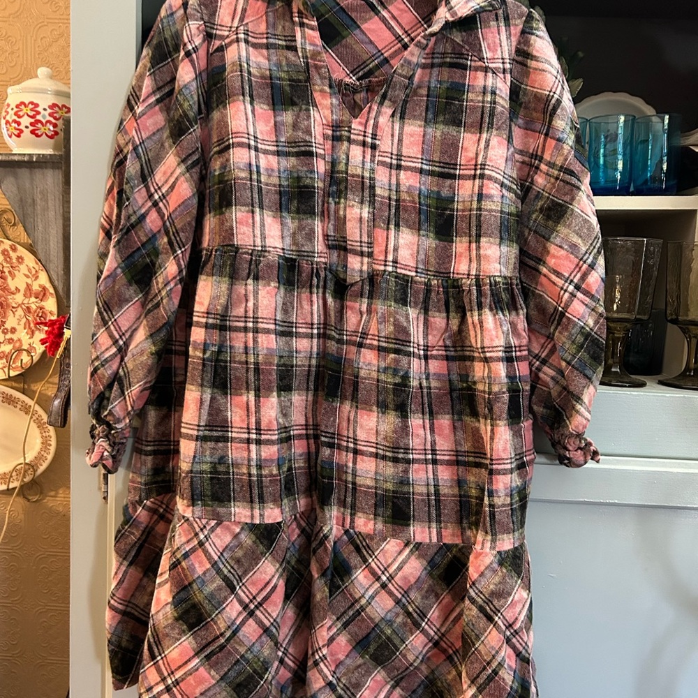 Umgee Pink and Black Long Hair Plaid Top